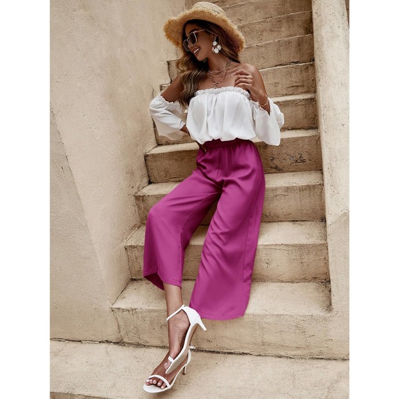 2 piece set: boho Off The Shoulder Frill Trim crop Top & wide leg pants blue - Picture 4 of 11